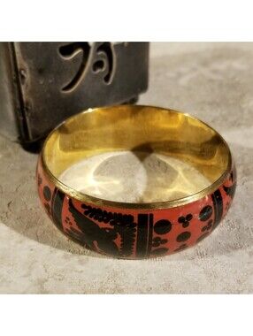 India Brass Bangle Bracelet with Black Orange Red Peace Dove Olive Branch Design